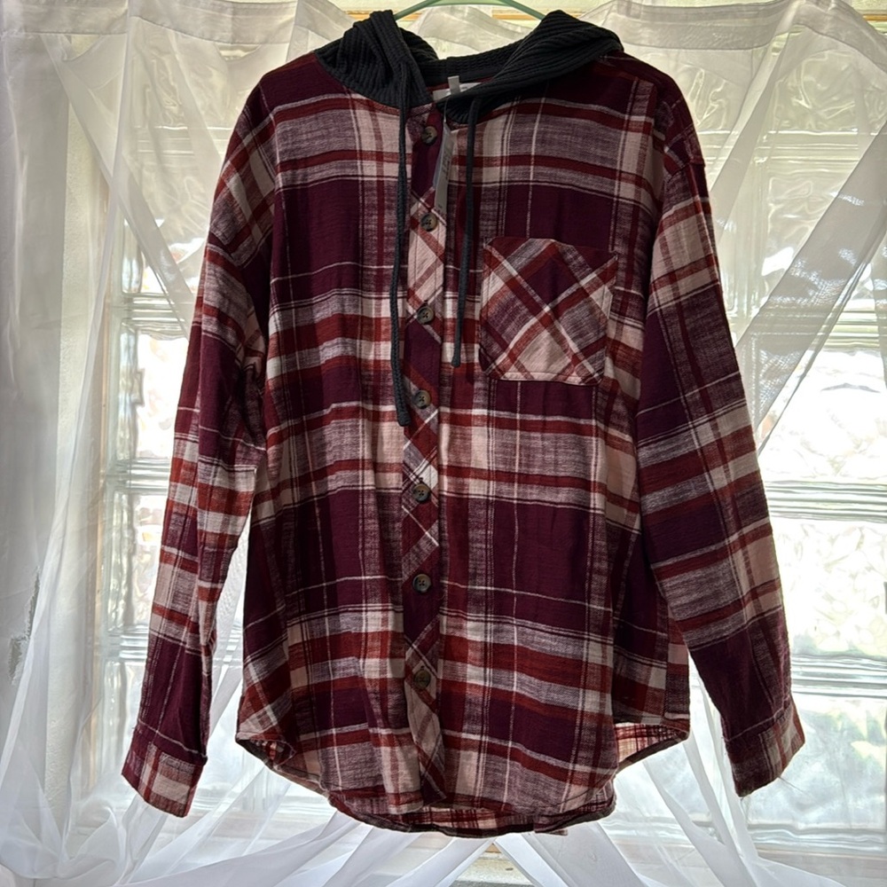 Brand new button up plaid with hood!